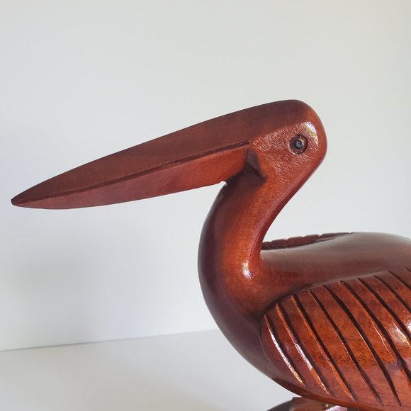 HAND CARVED Wood Heron Bird On A Tree Stump Detailed Sculpture Lakehouse Decor - Picture 6 of 11